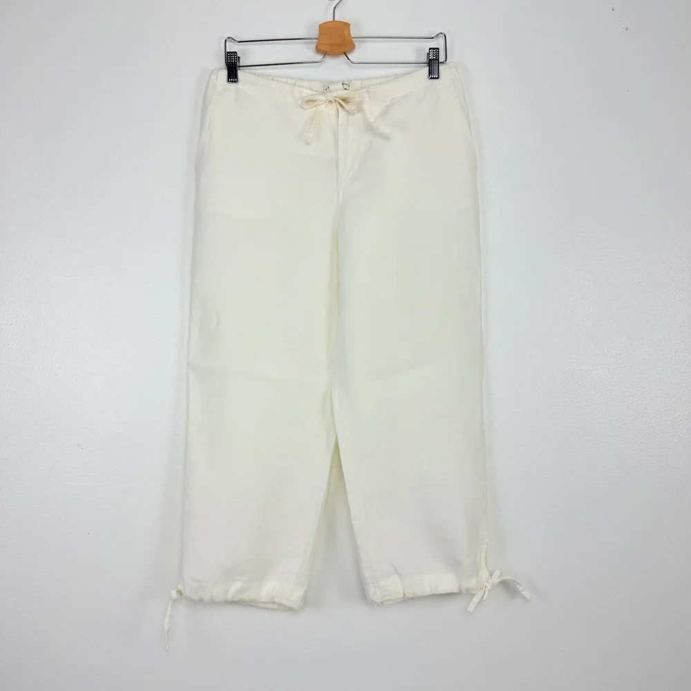 Banana Republic Linen Pants Size 8 Ivory Drawstring Cropped Tie Ankle‎ Beach
